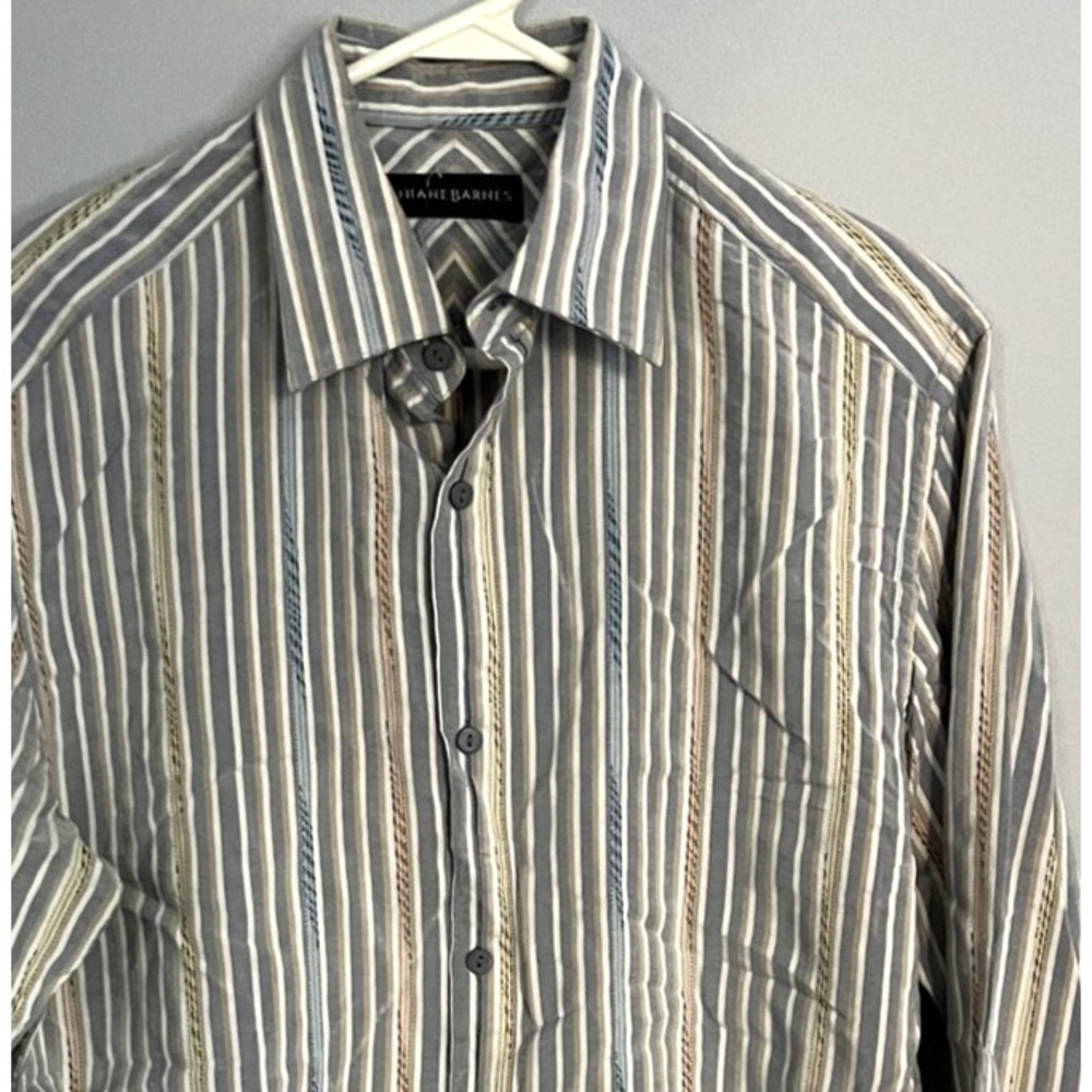 Jhane Barnes Shirt Mens Medium Gray Blue Striped Long‎ Sleeve Silk Button Up